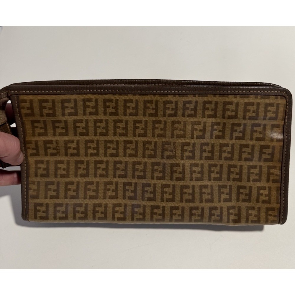Fendi Zucca FF Logo Monogram Brown Canvas w/ Leather Trim Large Pouch Clutch Bag